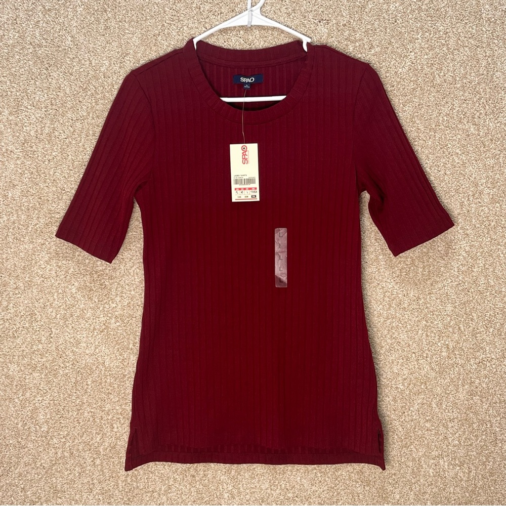 NWT Spao top Korean brand women’s ribbed shirt medium burgundy‎ top stretch
